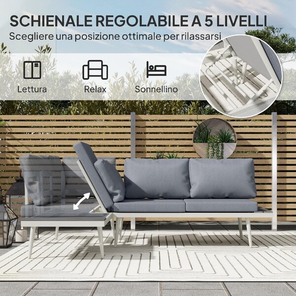 VivaGarden Salotto da Giardino con Divano Angolare Relax e Tavolino con Cuscini in Acciaio/Textilene colore Grigio