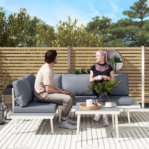 VivaGarden Salotto da Giardino con Divano Angolare Relax e Tavolino con Cuscini in Acciaio/Textilene colore Grigio