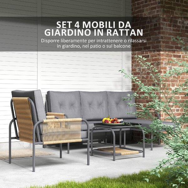 VivaGarden Salotto da Giardino con Divano Chaise Longue 1 Poltrona e Tavolino con Cuscini in Rattan PE colore Grigio