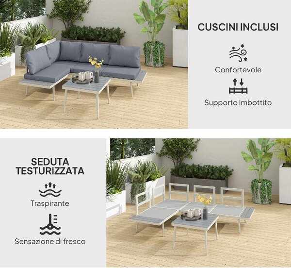 VivaGarden Salotto da Giardino con Divano Angolare Relax e Tavolino con Cuscini in Acciaio/Textilene colore Grigio