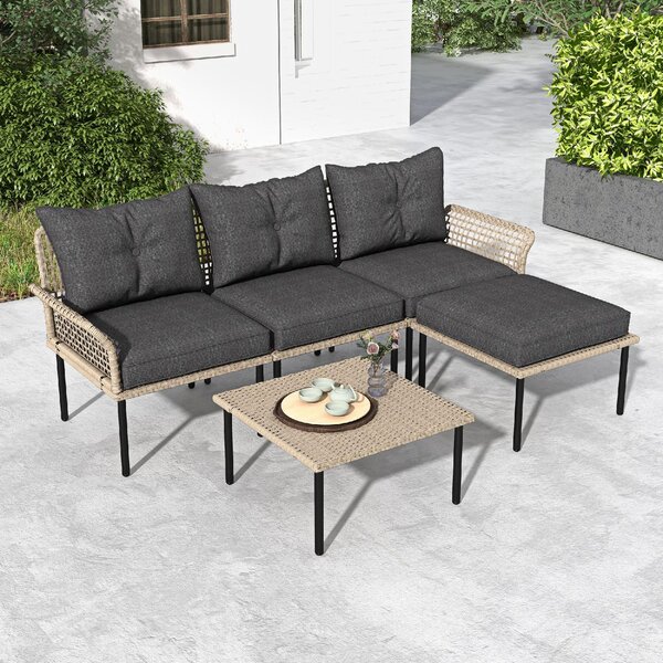 VivaGarden Salotto da Giardino con Divano Chaise Longue e Tavolino con Cuscini in Rattan PE colore Beige