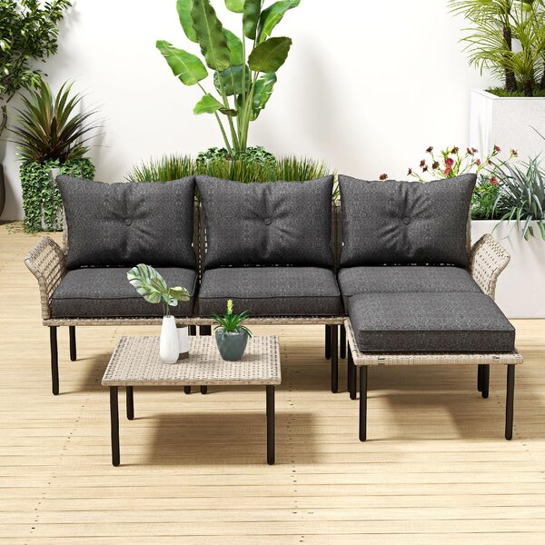 VivaGarden Salotto da Giardino con Divano Chaise Longue e Tavolino con Cuscini in Rattan PE colore Beige