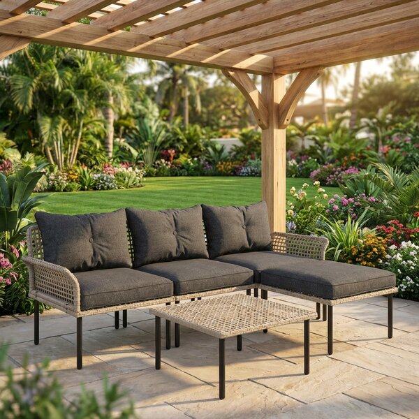 VivaGarden Salotto da Giardino con Divano Chaise Longue e Tavolino con Cuscini in Rattan PE colore Beige