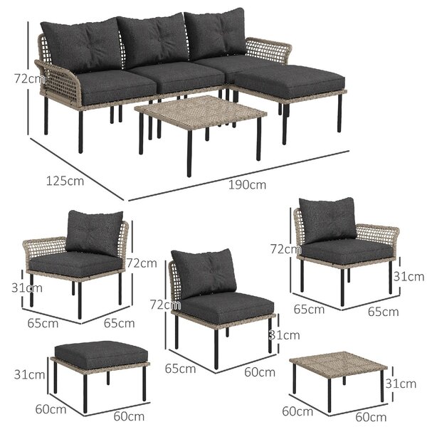 VivaGarden Salotto da Giardino con Divano Chaise Longue e Tavolino con Cuscini in Rattan PE colore Beige