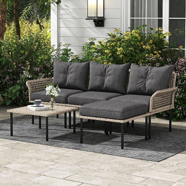 VivaGarden Salotto da Giardino con Divano Chaise Longue e Tavolino con Cuscini in Rattan PE colore Beige