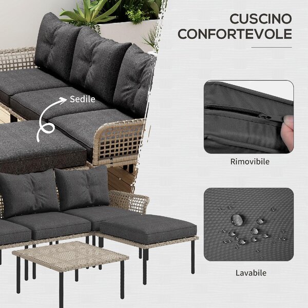 VivaGarden Salotto da Giardino con Divano Chaise Longue e Tavolino con Cuscini in Rattan PE colore Beige