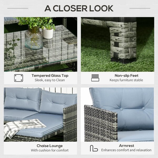VivaGarden Salotto da Giardino con Divano Chaise Longue e Tavolino con Cuscini in Rattan PE colore Grigio