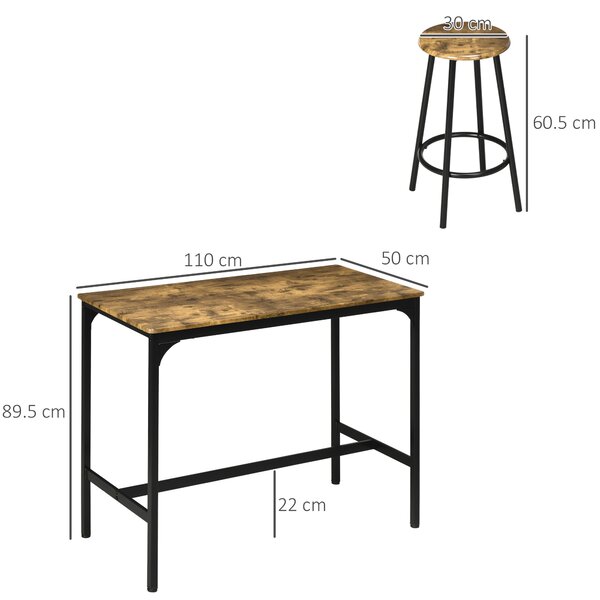 HOMCOM Set da Bar 5 pezzi con Tavolo alto e 4 Sgabelli Stile Industriale, Marrone e Nero|Aosom