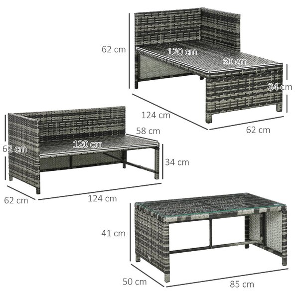 VivaGarden Salotto da Giardino con Divano Chaise Longue e Tavolino con Cuscini in Rattan PE colore Grigio