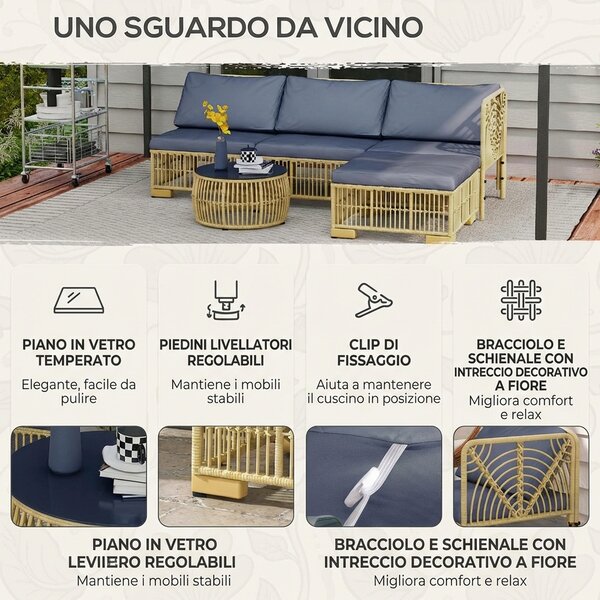 VivaGarden Salotto da Giardino con Divano Chaise Longue e Tavolino in Rattan PE colore Grigio
