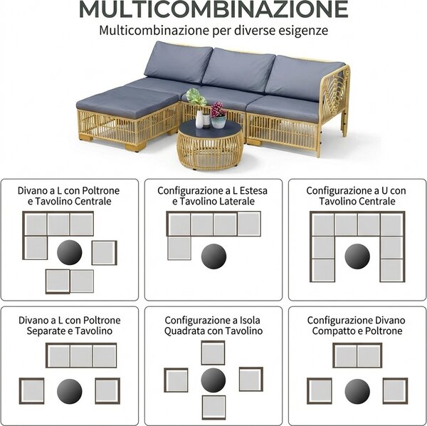 VivaGarden Salotto da Giardino con Divano Chaise Longue e Tavolino in Rattan PE colore Grigio