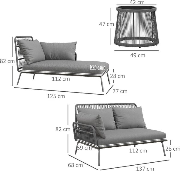 VivaGarden Salotto da Giardino con Divano Chaise Longue e Tavolino con Cuscini in Rattan PE colore Grigio Chiaro