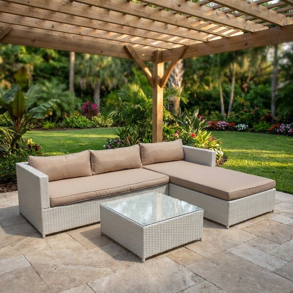 VivaGarden Salotto da Giardino con Divano Chaise Longue e Tavolino con Cuscini in Rattan PE colore Tortora - Relaxmorning