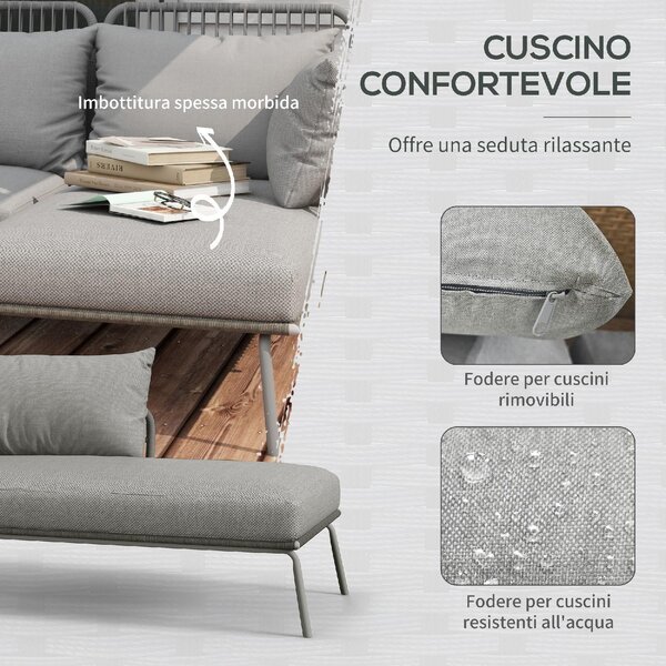 VivaGarden Salotto da Giardino con Divano Chaise Longue e Tavolino con Cuscini in Rattan PE colore Grigio Chiaro