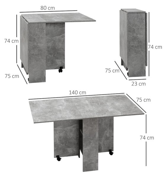 HOMCOM Tavolo Pieghevole in Legno per 4-6 Persone con Ruote, 75x140x74cm, Grigio|Aosom