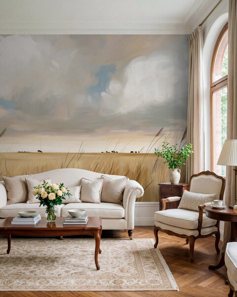 Carta da parati Una vista panoramica su un vasto prato giallo sotto un cielo nuvoloso, Carta da parati Natura, w10079 : Uwalls.it