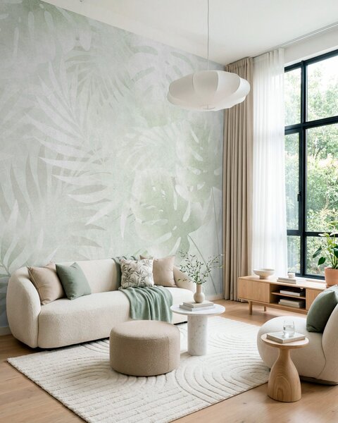 Carta da parati Foglie tropicali con effetto grunge in tonalità di verde, Carta da parati Buffer, w10080v2 : Uwalls.it