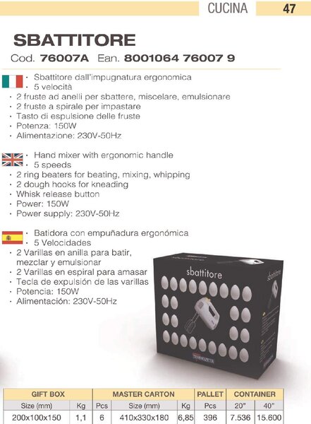 Termozeta Sbattitore elettrico Mixer 5 velocit potenza 150 W 76007A