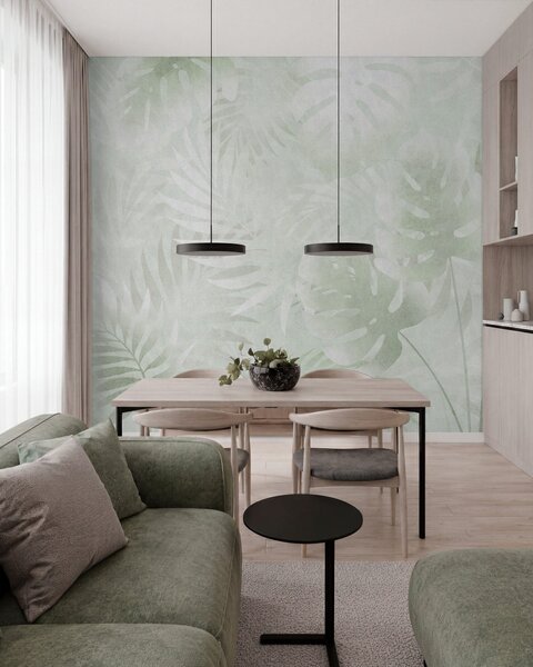 Carta da parati Foglie tropicali con effetto grunge in tonalità di verde, Carta da parati Buffer, w10080v2 : Uwalls.it