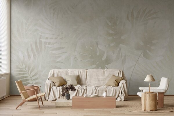 Carta da parati Foglie tropicali con effetto grunge in tonalità beige neutre, Carta da parati Buffer, w10080v1 : Uwalls.it