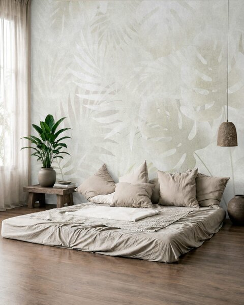 Carta da parati Foglie tropicali con effetto grunge in tonalità beige neutre, Carta da parati Buffer, w10080v1 : Uwalls.it