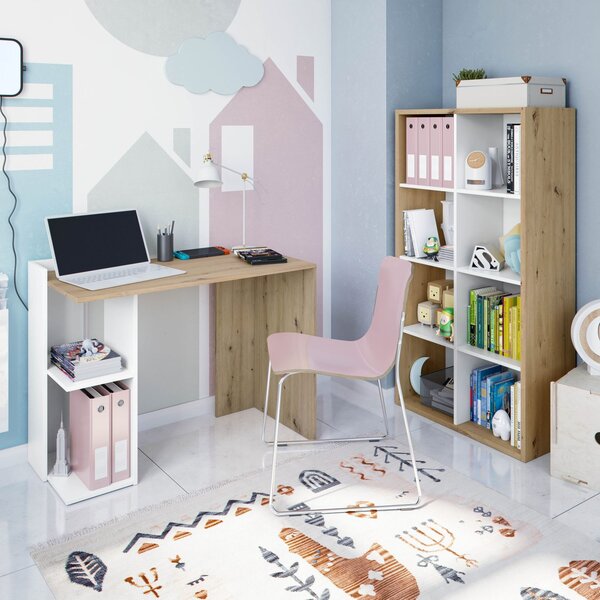 FORES HABITAT Scaffale Libreria per Bambini 8 Cubi a Giorno Dimensioni 71x33x137 cm colore Bianco e Rovere - Kenya