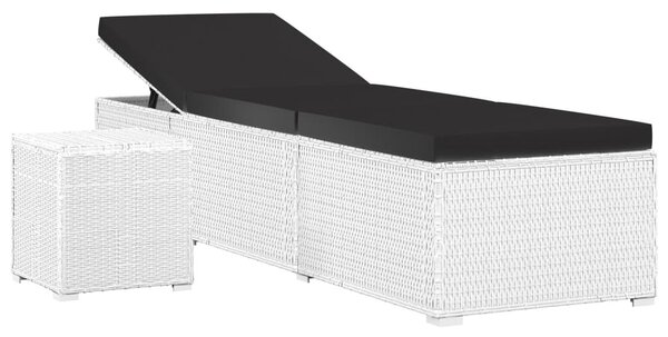 Lettino Prendisole Cuscino e Tavolino da Tè Polyrattan Bianco