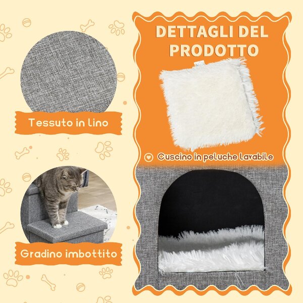 AllMyPets Scaletta per Cani 10kg max a 3 Gradini con Casetta per Cani e Spazio Portaoggetti 73.5x33x40.5 cm Grigio