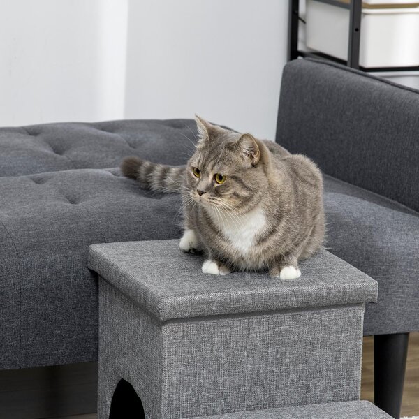 AllMyPets Scaletta per Cani 10kg max a 3 Gradini con Casetta per Cani e Spazio Portaoggetti 73.5x33x40.5 cm Grigio