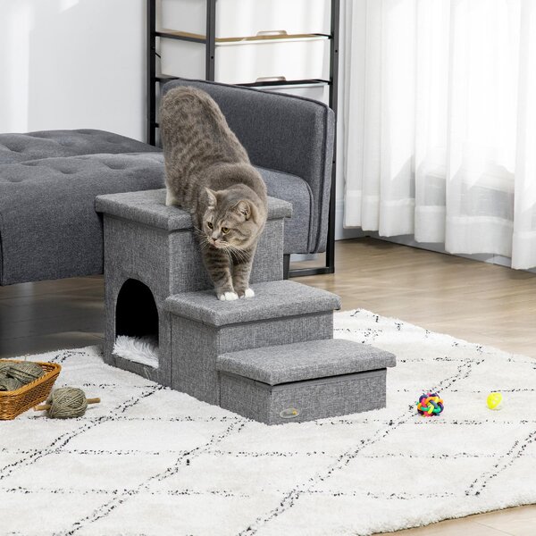 AllMyPets Scaletta per Cani 10kg max a 3 Gradini con Casetta per Cani e Spazio Portaoggetti 73.5x33x40.5 cm Grigio