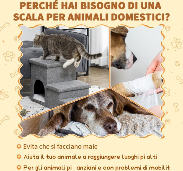 AllMyPets Scaletta per Cani 10kg max a 3 Gradini con Casetta per Cani e Spazio Portaoggetti 73.5x33x40.5 cm Grigio