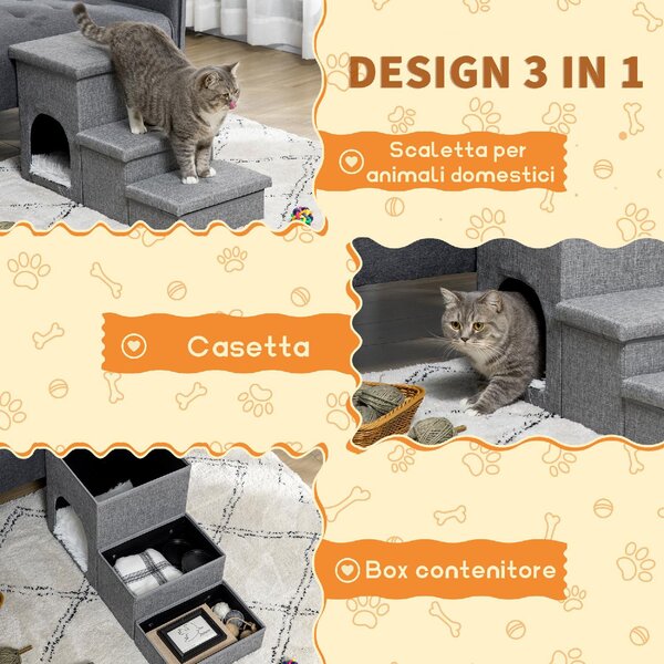 AllMyPets Scaletta per Cani 10kg max a 3 Gradini con Casetta per Cani e Spazio Portaoggetti 73.5x33x40.5 cm Grigio