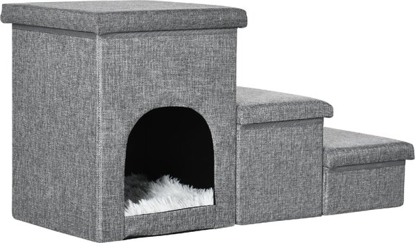 AllMyPets Scaletta per Cani 10kg max a 3 Gradini con Casetta per Cani e Spazio Portaoggetti 73.5x33x40.5 cm Grigio