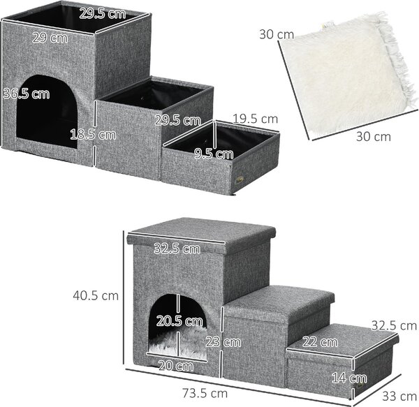 AllMyPets Scaletta per Cani 10kg max a 3 Gradini con Casetta per Cani e Spazio Portaoggetti 73.5x33x40.5 cm Grigio