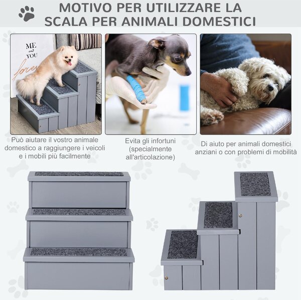 AllMyPets Scaletta per Cani a 3 Gradini con Tappeto Antiscivolo e Spazio Interno 40.5x44.5x38 cm colore Grigio - 065GY/D06