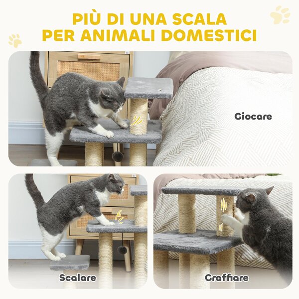 AllMyPets Scaletta per Cani e Gatti con 3 Scalini in Peluche e Pali Tiragraffi in Sisal Capacit 10 kg colore Grigio - W809GY