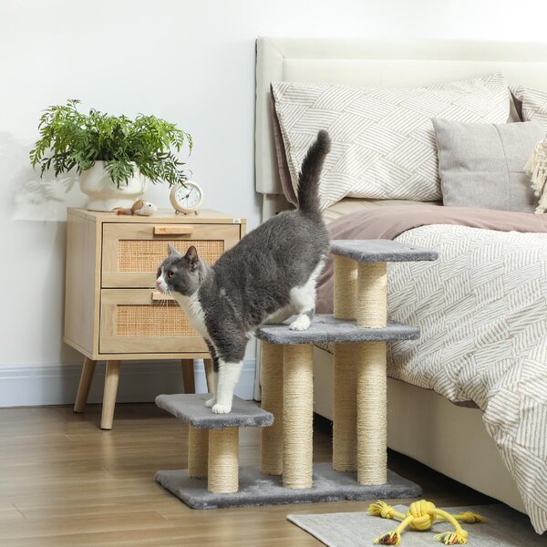 AllMyPets Scaletta per Cani e Gatti con 3 Scalini in Peluche e Pali Tiragraffi in Sisal Capacit 10 kg colore Grigio - W809GY