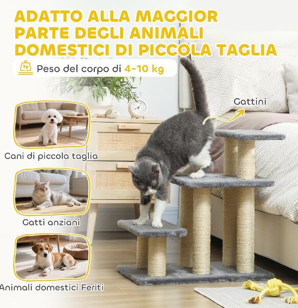 AllMyPets Scaletta per Cani e Gatti con 3 Scalini in Peluche e Pali Tiragraffi in Sisal Capacit 10 kg colore Grigio - W809GY