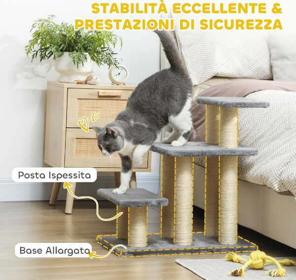 AllMyPets Scaletta per Cani e Gatti con 3 Scalini in Peluche e Pali Tiragraffi in Sisal Capacit 10 kg colore Grigio - W809GY