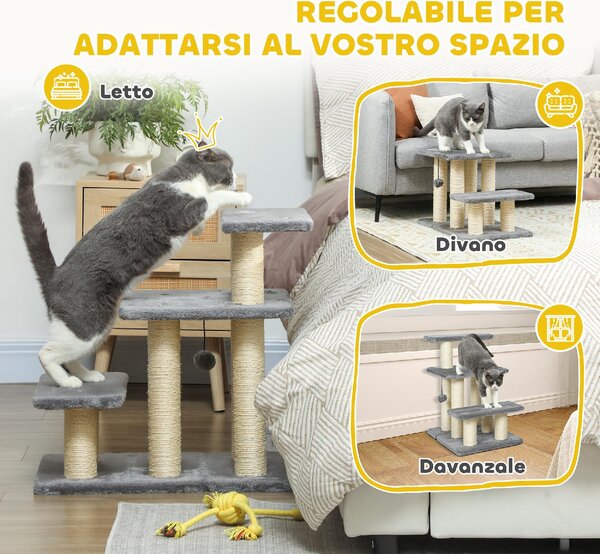 AllMyPets Scaletta per Cani e Gatti con 3 Scalini in Peluche e Pali Tiragraffi in Sisal Capacit 10 kg colore Grigio - W809GY