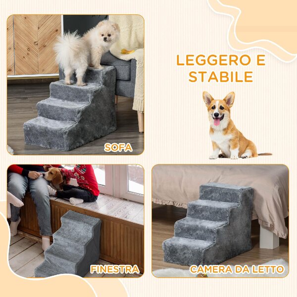 AllMyPets Scaletta per Cani Portatile a 4 Gradini in Flanella Sfoderabile e Truciolato 60x35x44 cm colore Grigio Chiaro - DHD0686