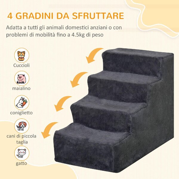AllMyPets Scaletta per Cani Portatile a 4 Gradini, in Tessuto Vellutato Sfoderabile e Legno 60x35x44 cm colore Grigio Scuro - CGZ494