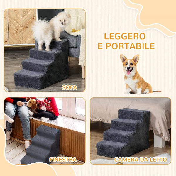 AllMyPets Scaletta per Cani Portatile a 4 Gradini, in Tessuto Vellutato Sfoderabile e Legno 60x35x44 cm colore Grigio Scuro - CGZ494