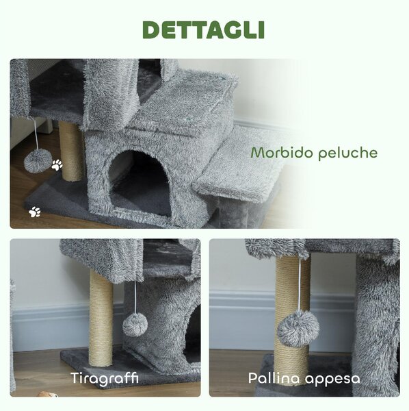 AllMyPets Scaletta per Gatti a 4 Gradini Regolabile in Altezza con 2 Casette Palo Tiragraffi e Pallina colore Grigio - W810GY