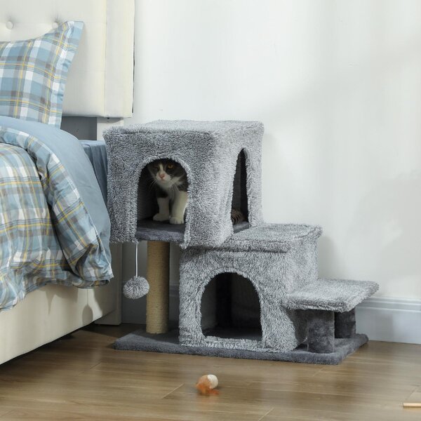 AllMyPets Scaletta per Gatti a 4 Gradini Regolabile in Altezza con 2 Casette Palo Tiragraffi e Pallina colore Grigio - W810GY