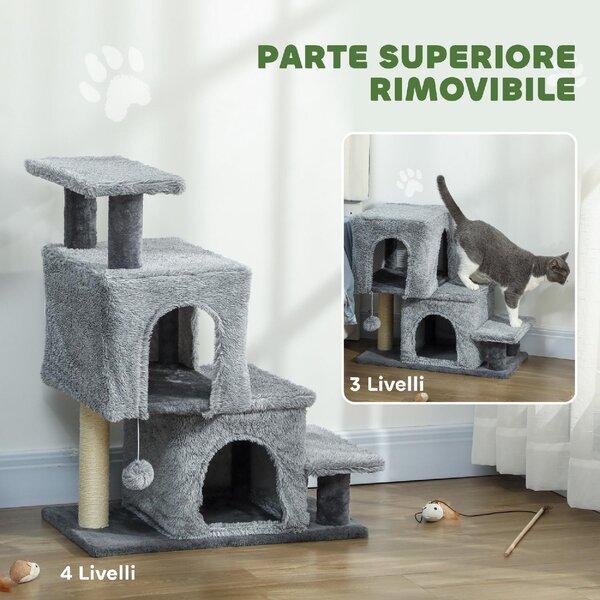 AllMyPets Scaletta per Gatti a 4 Gradini Regolabile in Altezza con 2 Casette Palo Tiragraffi e Pallina colore Grigio - W810GY