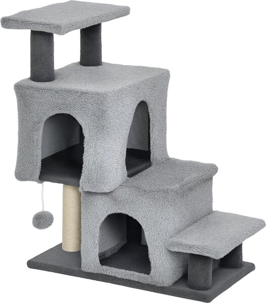 AllMyPets Scaletta per Gatti a 4 Gradini Regolabile in Altezza con 2 Casette Palo Tiragraffi e Pallina colore Grigio - W810GY