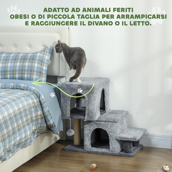 AllMyPets Scaletta per Gatti a 4 Gradini Regolabile in Altezza con 2 Casette Palo Tiragraffi e Pallina colore Grigio - W810GY
