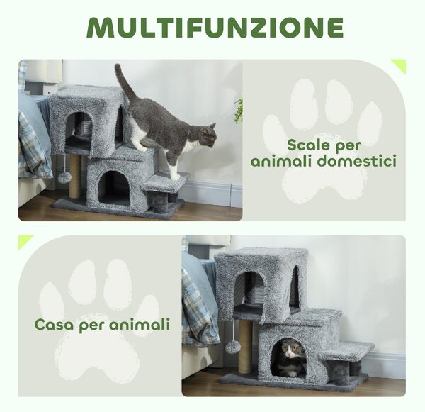 AllMyPets Scaletta per Gatti a 4 Gradini Regolabile in Altezza con 2 Casette Palo Tiragraffi e Pallina colore Grigio - W810GY