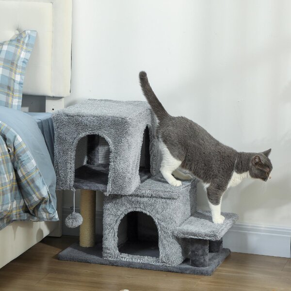 AllMyPets Scaletta per Gatti a 4 Gradini Regolabile in Altezza con 2 Casette Palo Tiragraffi e Pallina colore Grigio - W810GY